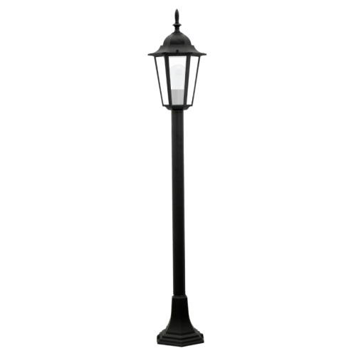 Lampa ogrodowa słupek LIGURIA o wysokości 96,5 cm w kolorze czarnym. Posiada szklaną osłonę oraz dekoracyjny szczyt. Ujęcie frontalne, produkt stoi na kwadratowej podstawie. Proste tło podkreśla elegancki design lampy.