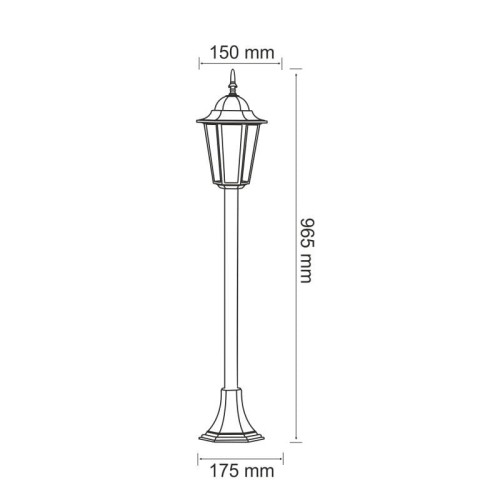 Lampa ogrodowa słupek LIGURIA o wysokości 96,5 cm i średnicy podstawy 17,5 cm, w kolorze czarnym. Rysunek techniczny.