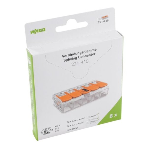 Opakowanie szybkowłączek do linki drut 5x0,2-4mm², zawierające 8 sztuk, z przezroczystym przodem i pomarańczowymi przyciskami. Widoczny napis 221-415 oraz informacje o zastosowaniu. Tło białe z zielonymi akcentami.