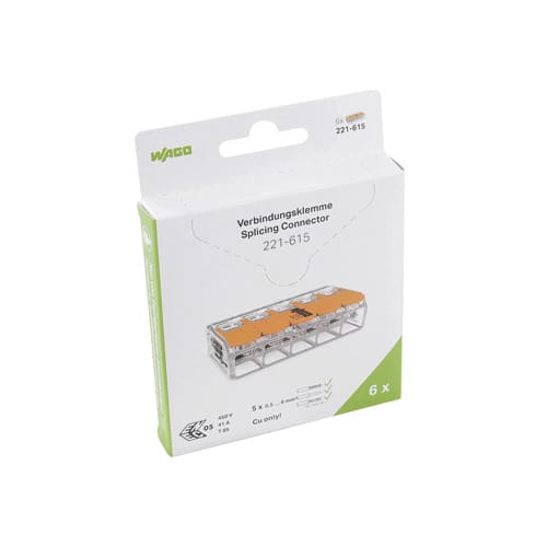 Szybkozłączka WAGO 221-615 w opakowaniu 6 sztuk, przeznaczona do łączenia drutów o przekroju 5x0,5-6 mm². Opakowanie z białym tłem, z widocznym pomarańczowym elementem złączki oraz zielonym logo producenta.