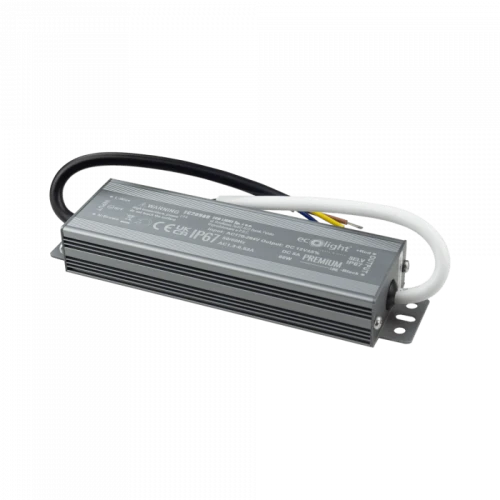 Zasilacz hermetyczny do LED o mocy 60W i napięciu 12V. Metalowa obudowa w kolorze srebrnym, z widocznymi przewodami (czarnym, białym i kolorowymi). Kąt ujęcia z boku, z zamontowanym uchwytem. Oznaczenie IP67 na obudowie wskazuje na odporność na wodę.