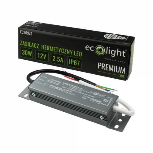Zasilacz hermetyczny LED 30W 12V, model Premium, z oznaczeniem IP67. Obudowa metalowa w kolorze szarym, z widocznymi przewodami i oznaczeniami. Produkt leży na tle czarnym, obok znajduje się opakowanie z logo i danymi technicznymi.