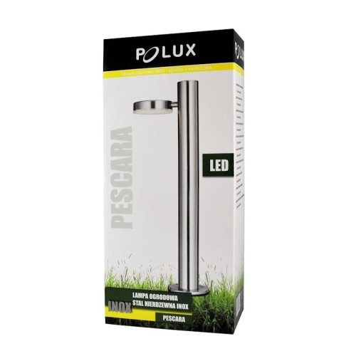 Lampa ogrodowa Pescara 44 cm w stalowej obudowie inox, z okrągłym kloszem. Produkt umieszczony na białym tle, z widocznymi napisami na opakowaniu. Kąt ujęcia frontalny, pokazujący całość lampy oraz detale konstrukcyjne.