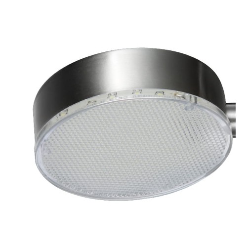 Lampa ogrodowa słupek Pescara 44 cm w wykończeniu satynowym. Okrągła, metalowa obudowa w kolorze srebrnym z przezroczystą kloszem. Ujęcie z boku, ukazujące detal struktury klosza. Idealna do oświetlenia przestrzeni zewnętrznych.