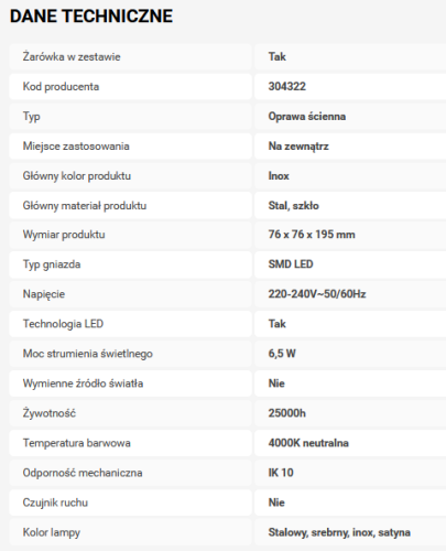 Kinkiet elewacyjny skośny z materiału stalowego i szklane, w kolorze satynowym. Wymiary: 76 x 76 x 195 mm. Przeznaczony do użytku zewnętrznego, z wbudowanym źródłem światła LED o mocy 6,5 W. Montowany na ścianie, z nowoczesnym designem.