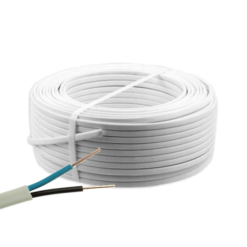 Przewód YDYp 2x1,5 450/750V na krążku o długości 100 m. Widoczny biały izolowany kabel z odsłoniętymi końcówkami w kolorze niebieskim i czarnym. Produkt leży na płaskiej powierzchni, zwinięty w okrąg.