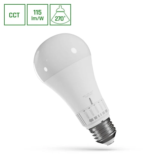 Żarówka LED E27 13W w kolorze białym, z możliwością zmiany barwy. Kształt okrągły, z gwintem E27. Widoczne oznaczenia: CCT, 115 lm/W, kąt świecenia 270°. Produkt leży na białym tle, prezentując szczegóły konstrukcji.