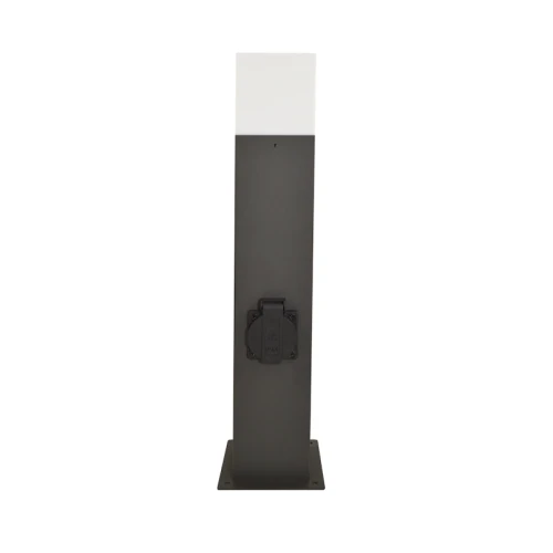 Lampa ogrodowa stojąca New York o wysokości 44 cm, w kolorze grafitowym, z białym kloszem i gniazdem elektrycznym. Produkt widoczny w pozycji pionowej, z wyraźnym detalem gniazda umieszczonym na bocznej części. Idealna do ogrodów i na tarasy.