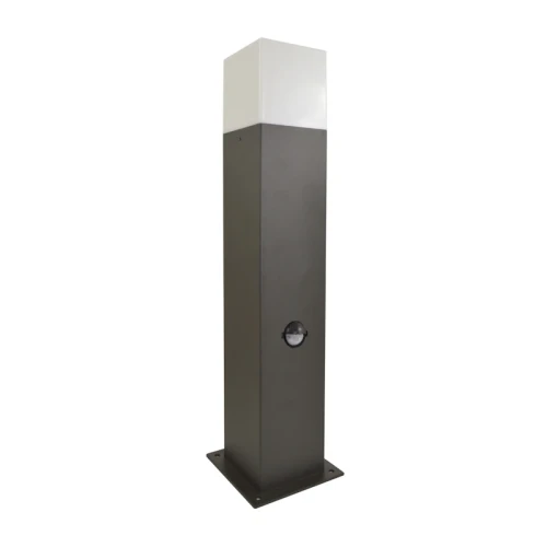 Stojąca lampa ogrodowa New York o wysokości 44 cm, w kolorze grafitowym, z białą, prostokątną głowicą. Posiada czujnik ruchu i zmierzchu, umieszczony na przedniej części obudowy. Produkt montowany na płaskiej podstawie.