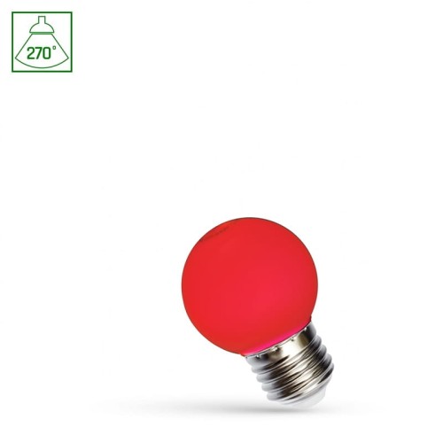 Żarówka LED kulka E27 o mocy 1W w kolorze czerwonym, z okrągłym kloszem i metalowym gwintem. Produkt leży na białym tle, z widocznym oznaczeniem kąta świecenia 270°.