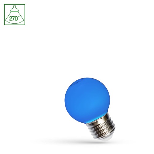 Żarówka LED KULKA E27 1W w kolorze niebieskim, o okrągłym kształcie. Widoczny gwint E27 oraz delikatne podświetlenie. Ujęcie z boku, na białym tle, ukazujące gładką, matową powierzchnię żarówki.