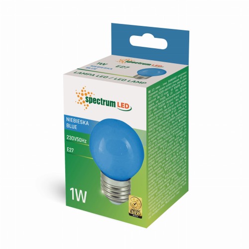 Żarówka LED E27 1W w kolorze niebieskim, umieszczona w kartonowym opakowaniu. Widoczny detal żarówki oraz logo producenta spectrum LED na froncie. Opakowanie z informacjami technicznymi i oznaczeniem jakości.