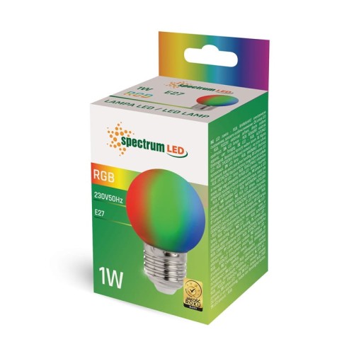 Żarówka LED KULKA E27 1W RGB z kolorową główką. Opakowanie z zielonym tłem, widoczny napis 1W oraz RGB. Główka żarówki w odcieniach zieleni, niebieskiego i czerwieni, z metalowym gwintem E27.