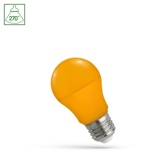 Pomarańczowa żarówka dekoracyjna LED E27 o mocy 4,9W, z kulistym kloszem i metalowym gwintem. Widok z boku, ukazujący kształt i kolor. Tło białe, co podkreśla jasność produktu. Idealna do dekoracji wnętrz.