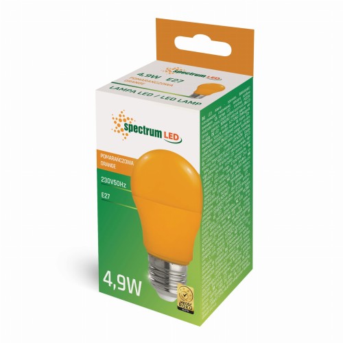 Żarówka dekoracyjna LED E27 o mocy 4,9W, w kolorze pomarańczowym. Widoczna na opakowaniu z zielonym tłem, zawiera informacje o napięciu 230V i częstotliwości 50Hz. Produkt umieszczony w kartonowym pudełku z uchwytem do zawieszenia.