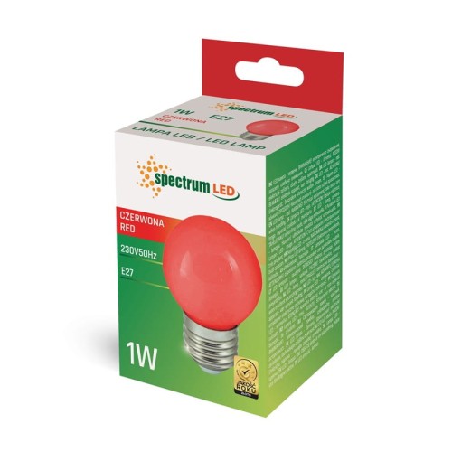 Żarówka LED KULKA E-27 1W 230V w kolorze czerwonym, umieszczona w kolorowym opakowaniu z grafiką. Widoczny gwint E27 oraz napis 1W i CZERWONA RED. Zestaw zawiera 3 sztuki. Tło opakowania w zielonym odcieniu z informacjami technicznymi.