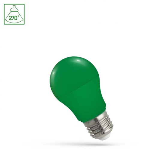 Żarówka dekoracyjna LED E27 4,9W w kolorze zielonym, o zaokrąglonym kształcie. Widoczny gwint E27. Produkt w pozycji stojącej, na białym tle. Grafika z oznaczeniem kąta świecenia 270°.