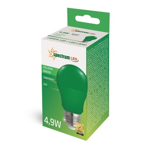 Żarówka LED E27 4,9W w kolorze zielonym, z zaokrągloną głowicą. Widoczna etykieta z nazwą Spectrum LED, informacją o mocy i rodzaju gwintu. Opakowanie kartonowe z grafiką oraz szczegółami technicznymi na bokach.