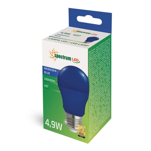 Żarówka LED E27 4,9W w kolorze niebieskim, z opakowaniem w zielono-niebieskim designie. Widoczna informacja o mocy, napięciu i typie gwintu. Opakowanie z uchwytem do przenoszenia.