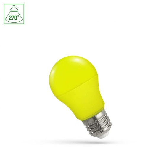 Żarówka dekoracyjna LED E27 o mocy 4,9W w intensywnym żółtym kolorze, z okrągłą, gładką obudową. Widoczne gwint E27, produkt prezentowany na białym tle, w lekko pochylonej pozycji.