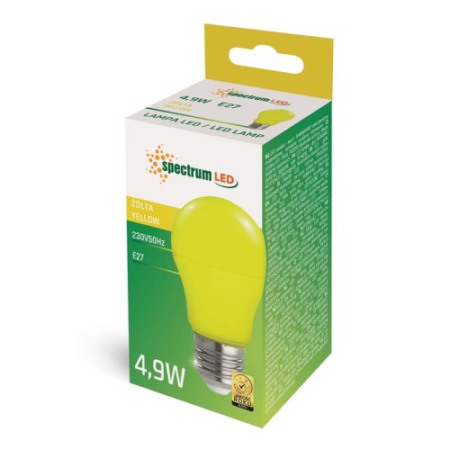 Żarówka LED E27 4,9W w żółtej obudowie, umieszczona w kartonowym opakowaniu z logo Spectrum LED. Widoczny napis żółta oraz parametry techniczne. Opakowanie z otworem do zawieszenia.