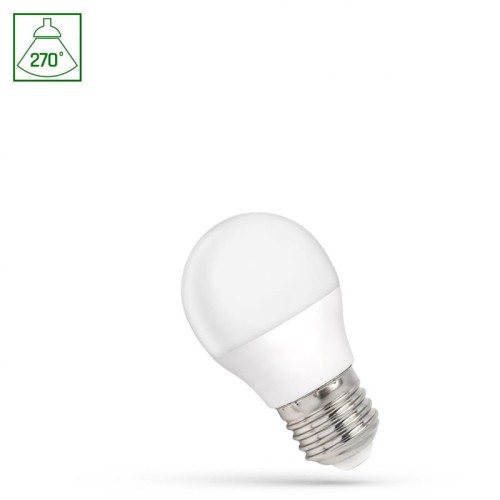 Żarówka LED KULKA E27 1W w kolorze ciepłej białej, o okrągłym kształcie. Widoczna metalowa podstawa E27. Produkt uniesiony, z widocznym oznaczeniem kąta świecenia 270°. Tło proste, białe.