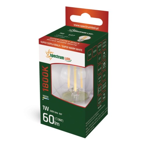 Żarówka LED filament kulka E27 1W, ciepła biała 1800K, widoczna w przezroczystym opakowaniu. Na opakowaniu napisy informacyjne, w tym moc 1W, strumień świetlny 60 lm oraz symbol E27. Produkt prezentuje się w pozycji stojącej.