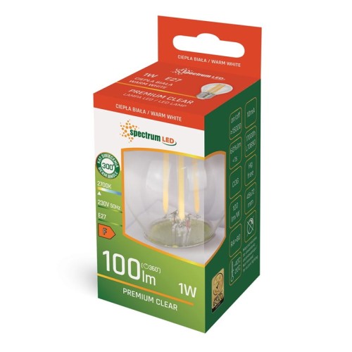 Żarówka LED filament kulka E27 1W, ciepła biała. Przezroczysta obudowa z widocznymi żarnikami, moc 100 lm, barwa światła 2700K. Opakowanie z logo Spectrum LED, z boku widoczne dane techniczne.