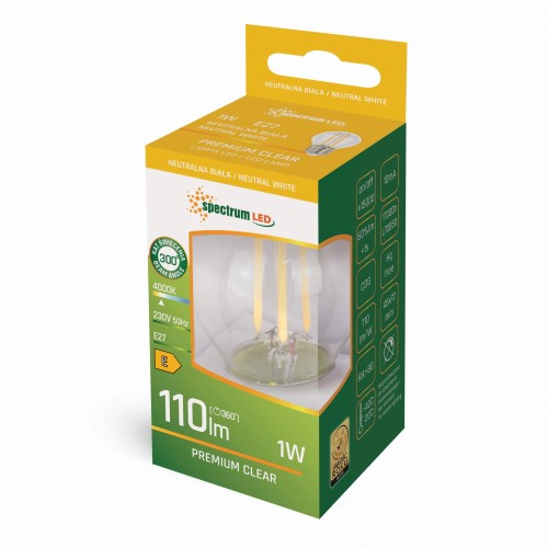 Żarówka LED filament kulka E27 o mocy 1W, emitująca neutralne białe światło (4000K). Przezroczysta obudowa, widoczne żarnikowe elementy. Opakowanie z informacjami o wydajności (110 lm) i typie gwintu.