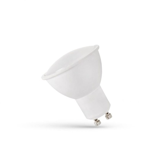 Żarówka LED GU10 1,5W w neutralnej bieli, z charakterystycznym, zaokrąglonym kloszem i dwoma metalowymi stykami na dole. Ujęcie z boku, ukazujące kształt oraz mocowanie. Idealna do oświetlenia wnętrz.