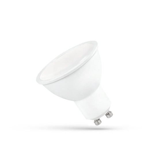 Żarówka LED GU10 6W w ciepłej białej barwie. Okrągła głowica z białym kloszem, z dwoma metalowymi stykami na dole. Ujęcie z boku, ukazujące kształt i konstrukcję produktu.