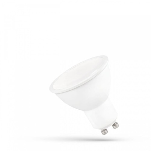 Żarówka LED GU10 9W z mleczną szybą, emitująca ciepłe białe światło. Ma okrągły kształt, białą obudowę i metalowe końcówki do montażu. Ujęcie z boku, pokazujące detal szyby i kształt podstawy.