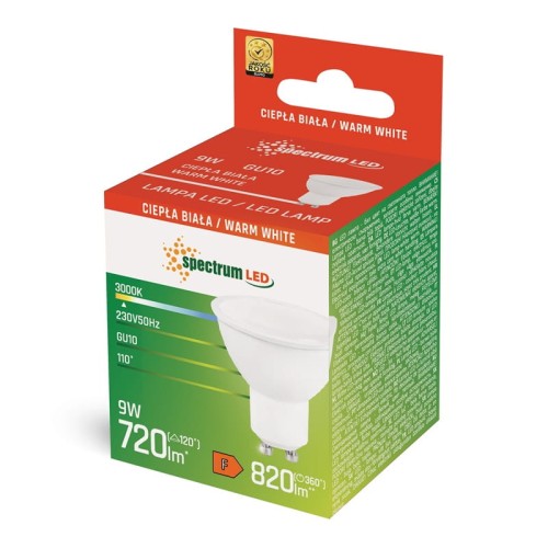 Żarówka LED GU10 9W w ciepłej białej barwie, z mleczną szybką, prezentująca się w opakowaniu. Widoczny napis 9W, Ciepła biała, GU10 oraz dane techniczne. Kształt stożkowaty, z dwoma stykami na spodzie. Opakowanie w kolorze zielonym i pomarańczowym.