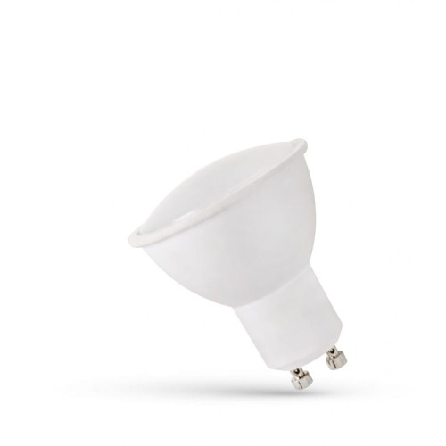 Żarówka LED GU10 1,5W z matową szybką, kolor zimna biała. Produkt w pozycji leżącej, z widocznym trzonkiem oraz dwoma metalowymi stykami. Kształt reflektora, gładka powierzchnia. Idealna do oświetlenia punktowego.