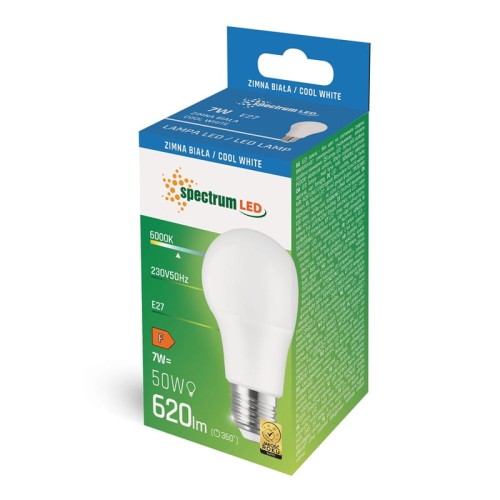 Żarówka LED GLS E27 7W w zimnej bieli, o mocy 620 lm, umieszczona w zielonym opakowaniu z niebieskim wieczkiem. Widoczny jest napis Spectrum LED oraz dane techniczne dotyczące napięcia i temperatury barwowej.