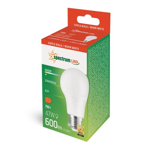 Żarówka LED GLS E27 o mocy 7W, w ciepłej białej barwie (3000K), umieszczona w opakowaniu. Widoczna etykieta z informacjami o jasności 600 lm i zamienniku dla tradycyjnej żarówki 47W. Kształt okrągły, matowa powierzchnia.