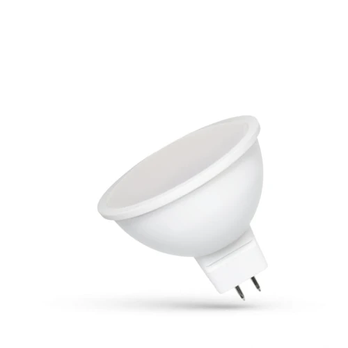 Żarówka LED MR16 GU5,3 6W SMD w zimnej białej barwie z mleczną szybką, o zaokrąglonym kształcie i dwoma pinami. Ujęcie z boku, ukazujące detal mocowania i gładką, matową powierzchnię.