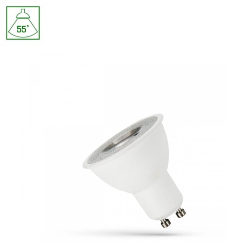 Żarówka LED GU10 4W z soczewką, w kolorze białym, o kącie świecenia 45°. Produkt ma okrągły kształt, białą obudowę i metalowy reflektor. Widoczna jest również etykieta z oznaczeniem kąta 55°. Ułożona w pozycji stojącej.