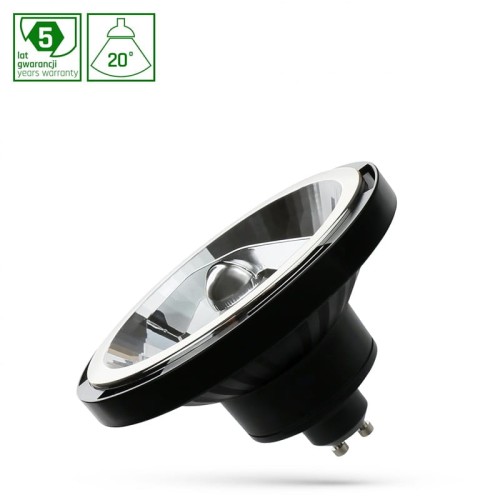 Żarówka LED GU10 10W SMD w ciepłej białej barwie, z czarną oprawą i metalicznym wykończeniem. Widok z boku, z widocznym gwintem oraz reflektorem. Oznaczenie gwarancji 5 lat i kąt świecenia 20°.