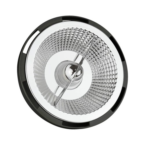 Żarówka LED GU10 10W SMD w ciepłej białej barwie. Okrągła, z przezroczystą kloszem i fakturą w kształcie kratki. Ujęcie frontalne, widoczny gwint do montażu, czarna podstawa. Idealna do zastosowań w oświetleniu wnętrz.