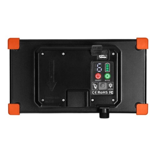 Panel sterujący girlandy solarnej z widocznymi przyciskami ON/OFF oraz MODE, diodami LED, portem USB i oznaczeniami CE oraz RoHS. Produkt w czarnej obudowie z pomarańczowymi detalami, widoczny z góry.
