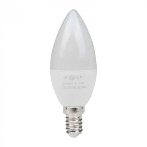 Żarówka LED w kształcie świeczki E14 o mocy 5W, z neutralną białą barwą światła. Posiada mleczne wykończenie i metalowy gwint, stojąca w pozycji pionowej. Widoczne logo Ecolight oraz dane techniczne na korpusie.