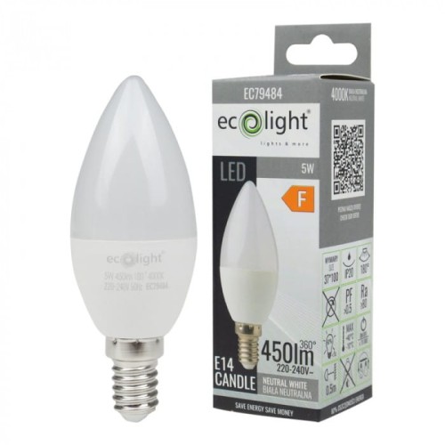 Żarówka LED ŚWIECZKA E14 5W neutralna biała (nw) - Ecolight EC79484
