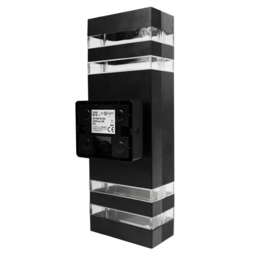 Kinkiet elewacyjny Eco Light EC79004 w kolorze czarnym, z dwoma gniazdami GU10. Produkt o prostokątnym kształcie z przezroczystymi akcentami, zamontowany na ścianie, widoczny z boku. Idealny do oświetlenia zewnętrznego.