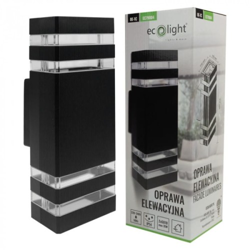 Kinkiet elewacyjny Eco Light EC79004 w kolorze czarnym z dwoma oprawami GU10. Kształt prostokątny z fakturowaną powierzchnią, z przezroczystymi elementami. Produkt ustawiony pionowo obok opakowania z informacjami o specyfikacji.