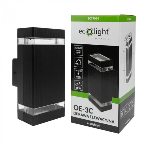Kinkiet elewacyjny Eco Light EC79034 w kolorze czarnym, z dwoma gniazdami GU10, wykonany z materiału teksturowanego, z przezroczystymi akcentami. Produkt stoi na białym tle obok opakowania z informacjami technicznymi. Klasa ochrony IP54.