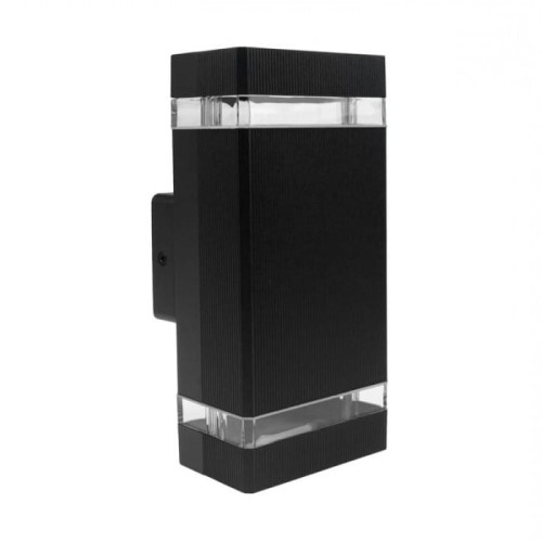 Kinkiet elewacyjny Eco Light EC79034 w kolorze czarnym, prostokątny, z matowej obudowy z widocznymi przezroczystymi panelami na górze i dole. Montowany na ścianie, przeznaczony do dwóch żarówek GU10.