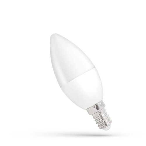 Żarówka LED świecowa E14 o mocy 6W w neutralnej białej barwie. Posiada smukły, stożkowaty kształt z białą, matową obudową i metalowym gwintem. Zbliżenie na produkt z boku, prezentujący jego konstrukcję.