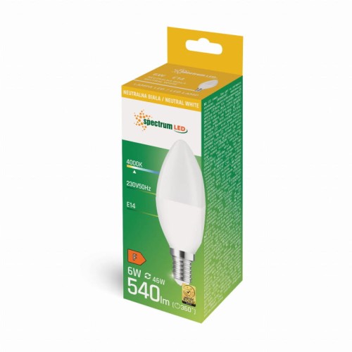 Żarówka LED świecowa E14 6W w neutralnej bieli, moc 540 lm, kolor 4000K. Produkt w kartonowym opakowaniu z informacjami o specyfikacji. Widoczny gwint E14 oraz charakterystyczny kształt świecy.
