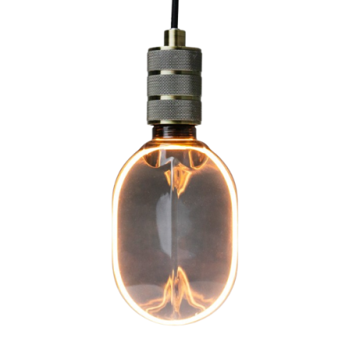 Żarówka LED dymiona E27 4W owalna o średnicy 100 mm, emitująca ciepłe światło 1800K. Szklana obudowa w odcieniu dymionym z widocznym filamentem, zawieszona na czarnym przewodzie. Metalowy gwint w kolorze mosiądzu z teksturą.